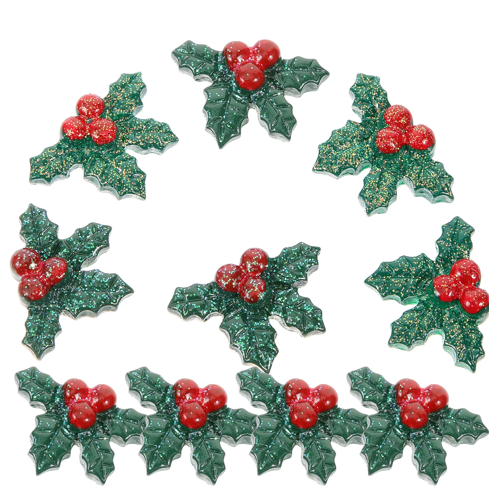 

50pcs Resin Holly Leaves Berries Charms Christmas Trees Wreath Ornaments Diy Crafts Accessories Glitter Green Leaf
