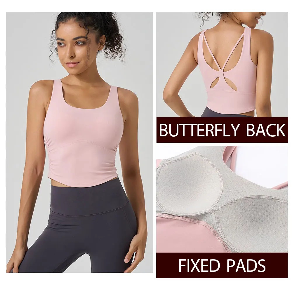 Reggiseno sportivo da yoga a coppa fissa da donna - Canotta da allenamento con vita increspata incrociata sul retro per pilates, palestra, fitness all'aperto