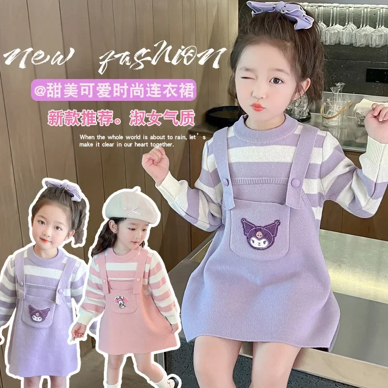 Spring Autumn Kawaii Sanrio Anime Kuromi Sweater Long Sleeve Dress Cute Cartoon My Melody Princess Skirt Clothing Gifts Toys