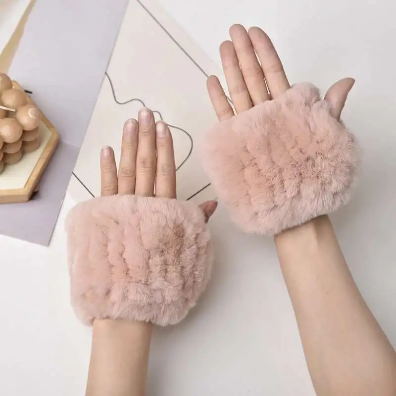 

Real Rabbit Fur Half Finger Gloves For Women Winter Elastic Wrist Guard With Fur Warm Handmade Natural Fur Fingerless Gloves