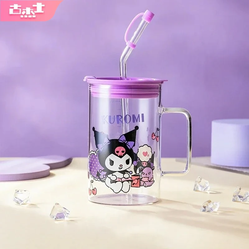 For Sanrio Straw Glass Cups Cartoon 600ML Hello Kitty Water Cup with Scale＆Handle Kuromi Transparent Coffee Mug Home Drinkware