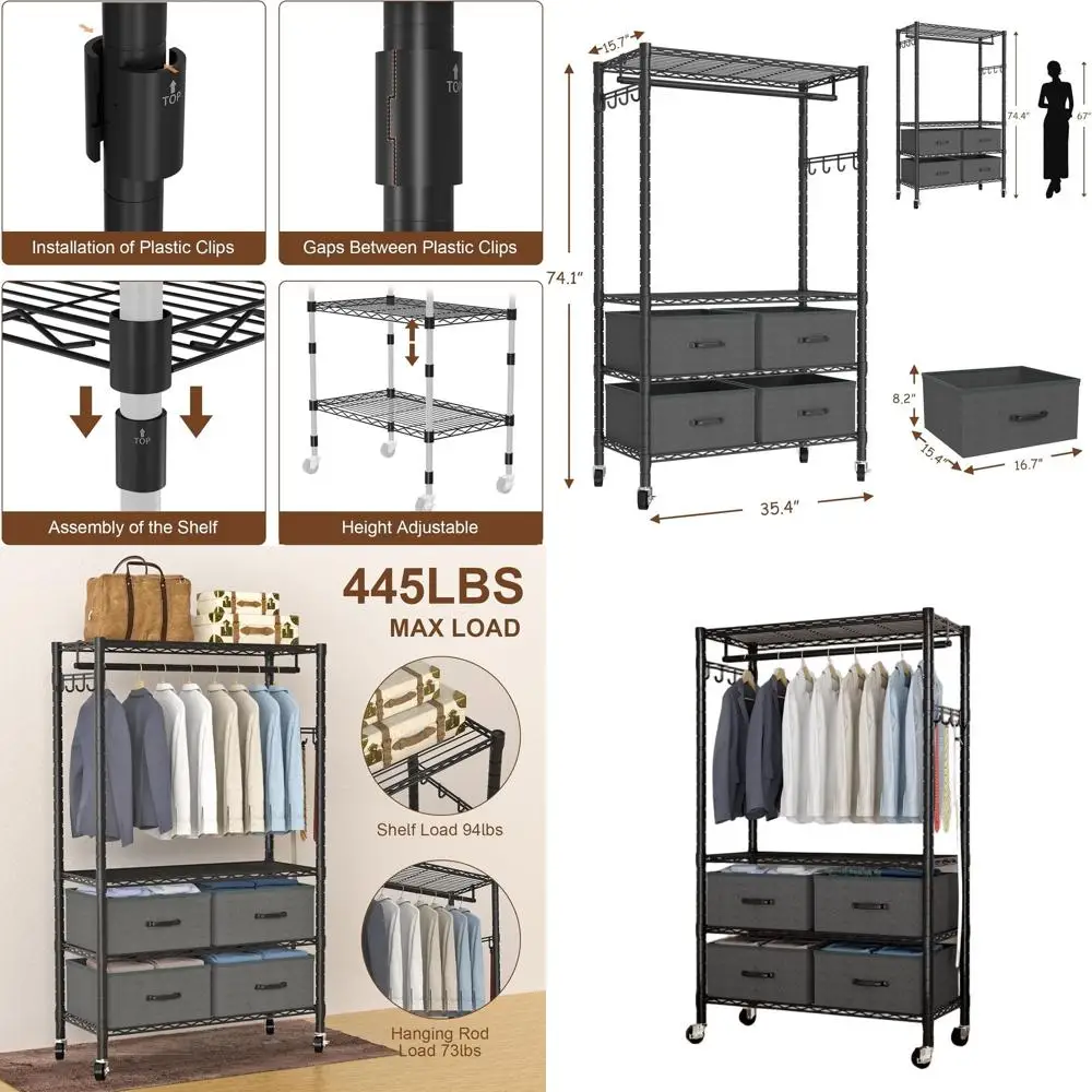 

4-уровневая усиленная регулируемая вешалка для одежды с перекладиной для подвешивания, боковыми крючками, выдерживает до 200 кг, 15,7 гл x 35,4 ш x 74,1 в дюйма