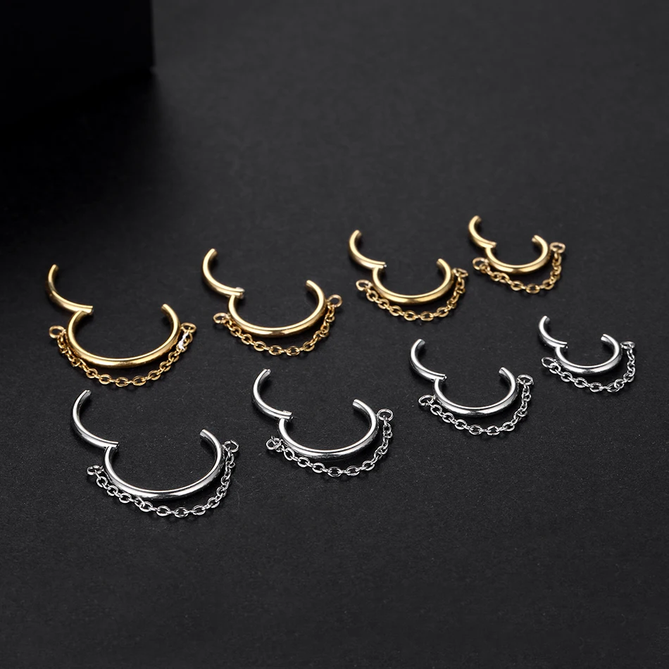 6-12mm Hinged Segment Clicker Septum Ring with Chain Stainless Steel Nose Ring Cartilage Earring Lobe Helix Piercing Body Jewery