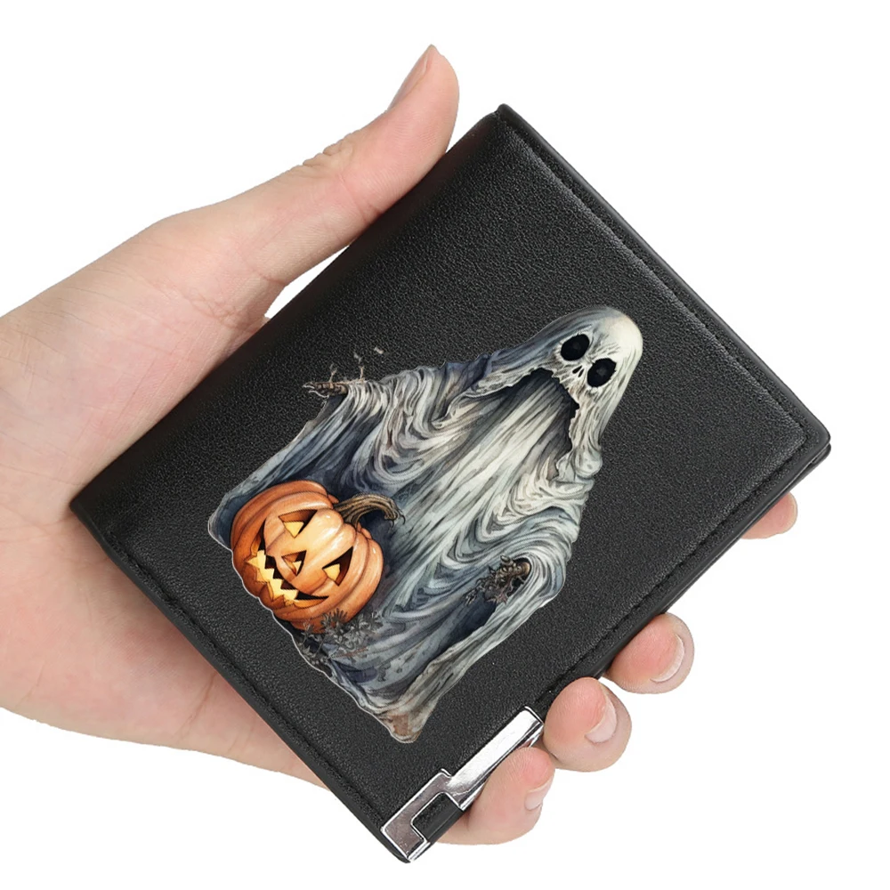 New Arrivals Halloween ghost pumpkin lantern Printing Pu Leather Wallet Men Women Billfold Credit Card Holders Short Purses