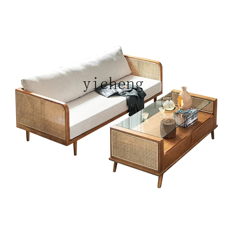 ZC rattan sofa combination vacation home solid wood sofa new Chinese leisure recliner