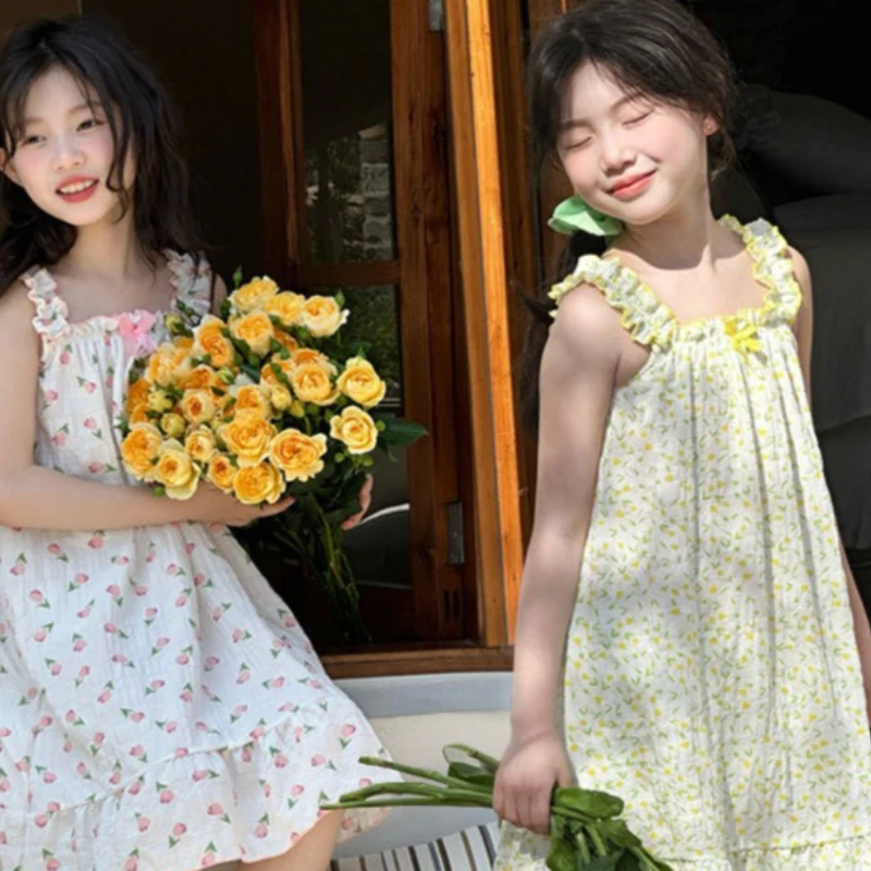 New Girls Camisole Dress Summer Trendy Children's Vacation Style Beach Dress Casual Dress for Girls To Wear Indoors and Outdoors