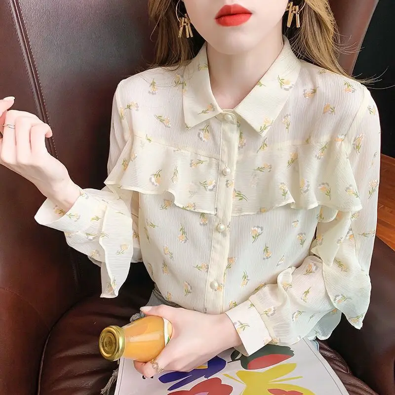 Fashion Printed Spliced Button Ruffles Shirts Women\'s Clothing 2023 Autumn Winter New Loose Korean Tops Sweet Blouses