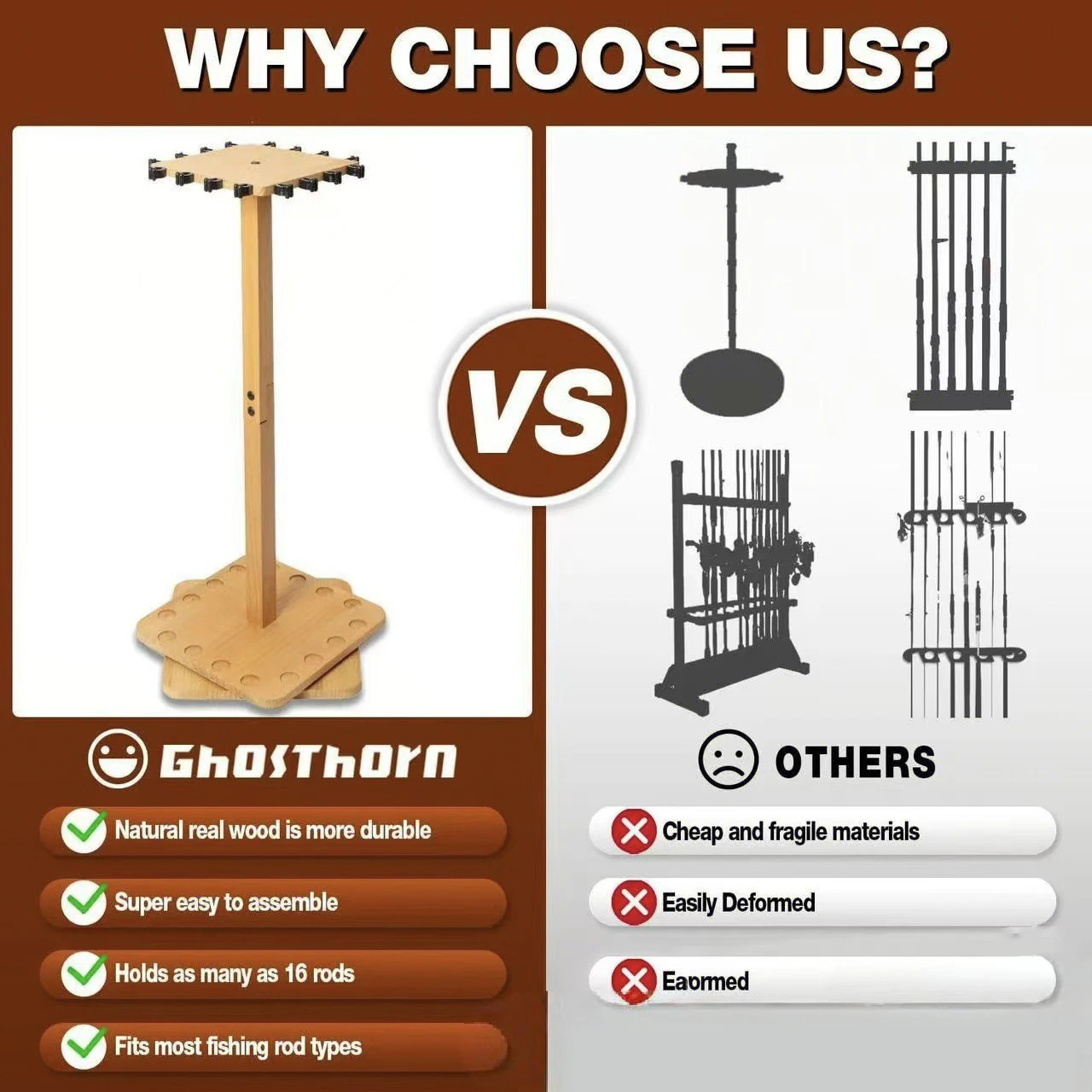 حامل قضيب صيد خشبي قابل للدوران عموديًا مكون من 16 مقعدًا