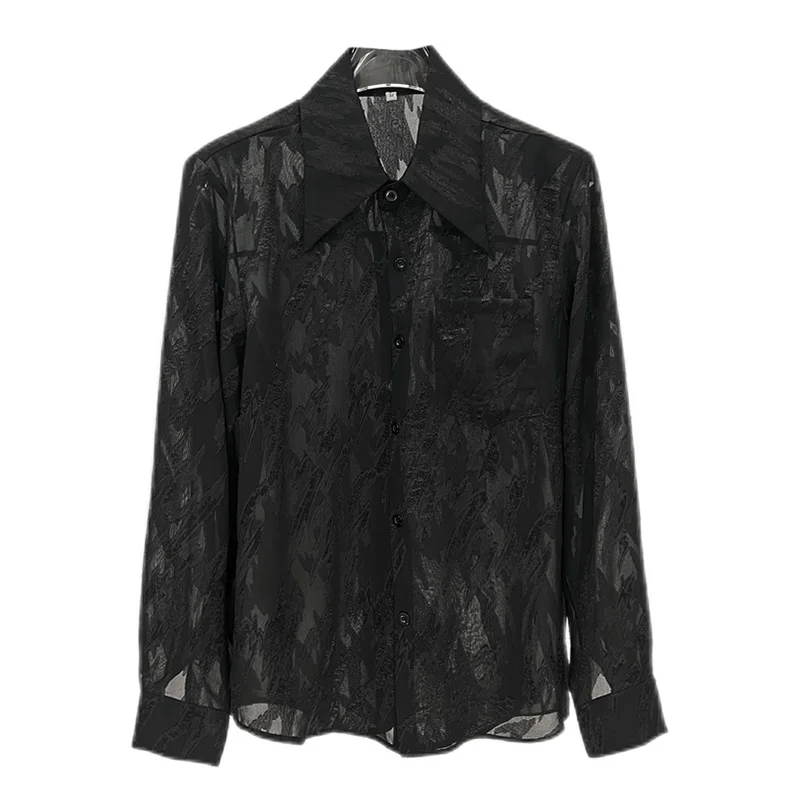 2025 Summer New Black Sunscreen Sheer Floral Shirt Men's Versatile Loose Casual Mesh Thin Long Sleeve Shirt