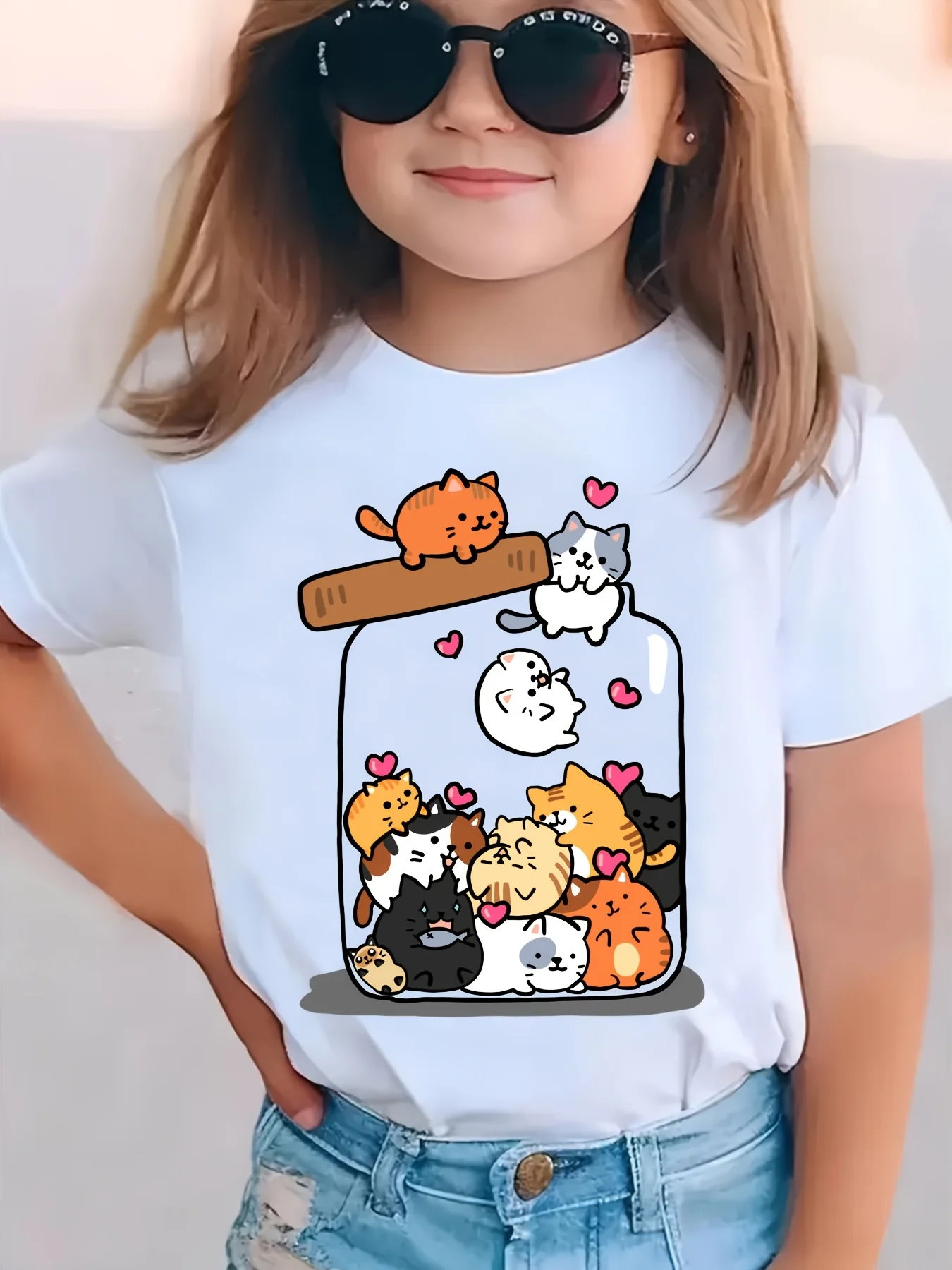 Summer Fashion Girls' Cotton Round Neck Short Sleeve T-Shirt with Cat Print in A Jar - Casual Versatile Top - Trendy Clothing
