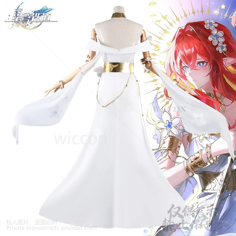 أنيمي لعبة هونكاي: ستار السكك الحديدية تأثيري Tribios الأحمر طويل الباروكات زي اليونانية الرجعية فستان أبيض لوليتا للفتيات امرأة كوس مخصصة