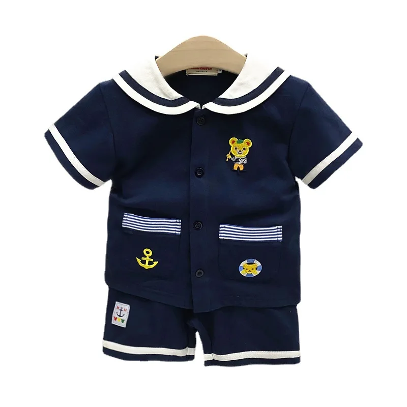 

2025 New Japanese Children's Clothing Summer Collection Men's and Women's Navy Style Little Bear Cardigan Set Short Sleeve