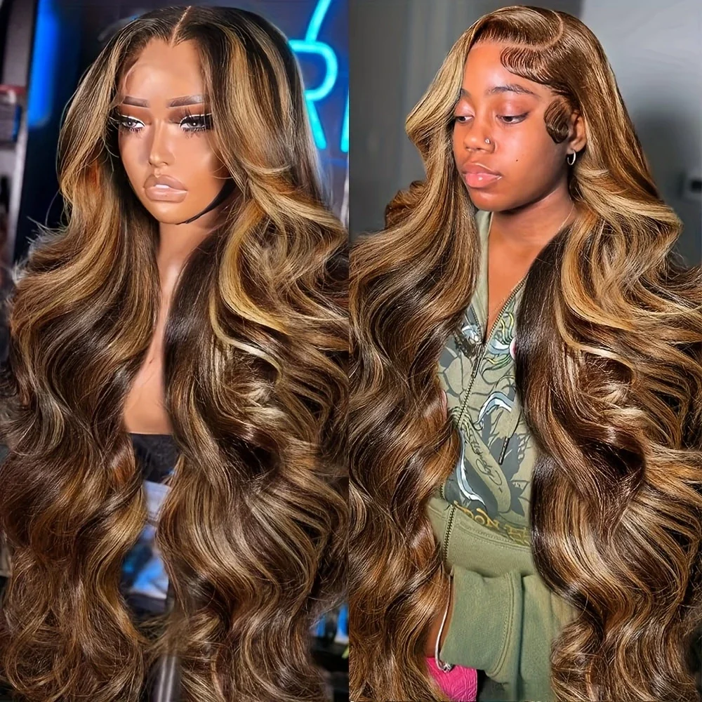 P4/27 Highlight  Brown Body Wave 13x6 Human Hair Wig Honey Blonde Colored 13x4 HD Lace PrePlucked 40 46 Inch Wigs For Women