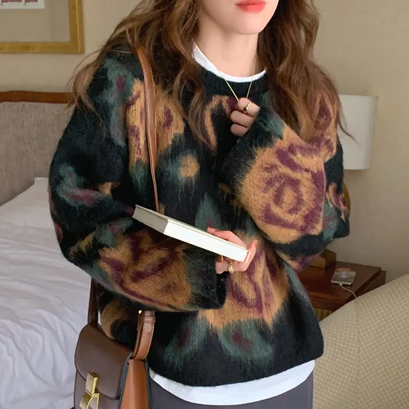 

Pullover sweater retro circle flower design loose wild o neck casual autumn and winter long sleeve printing knitted sweater