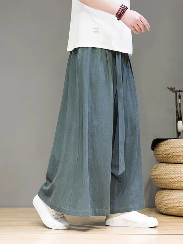 

Мужские летние повседневные брюки с широкими штанинами из льна и хлопка, свободного кроя, в традиционном китайском стиле, с завышенной талией, прямые, длинные