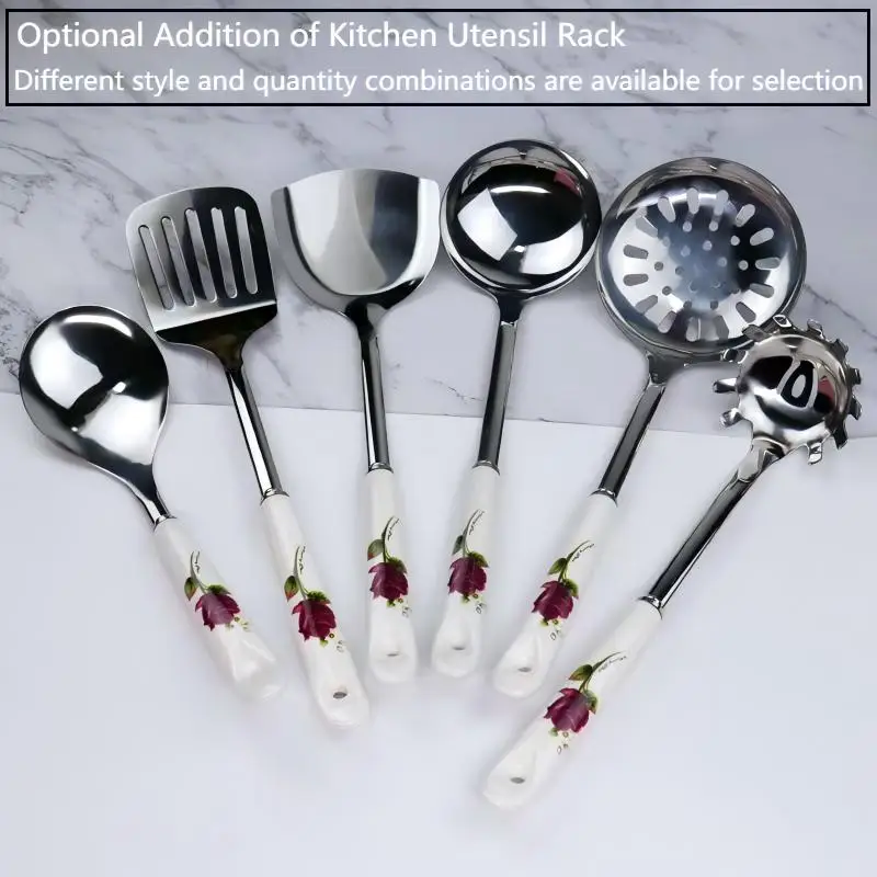 7/5/3/1Pcs Purple Rose Ceramic Handle Stainless Steel Cooking Utensils Set Wok Spatula, Soup Ladle, Slotted Spoon, Pasta Server