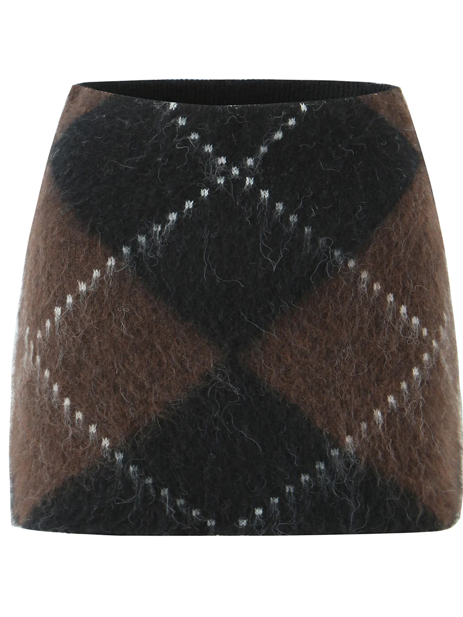 Retro American Color Blo Diamond ID Strickrock mit hoher Taille, schmaler A-Linie-Wickelrock für Damen, Faion Daily Wear