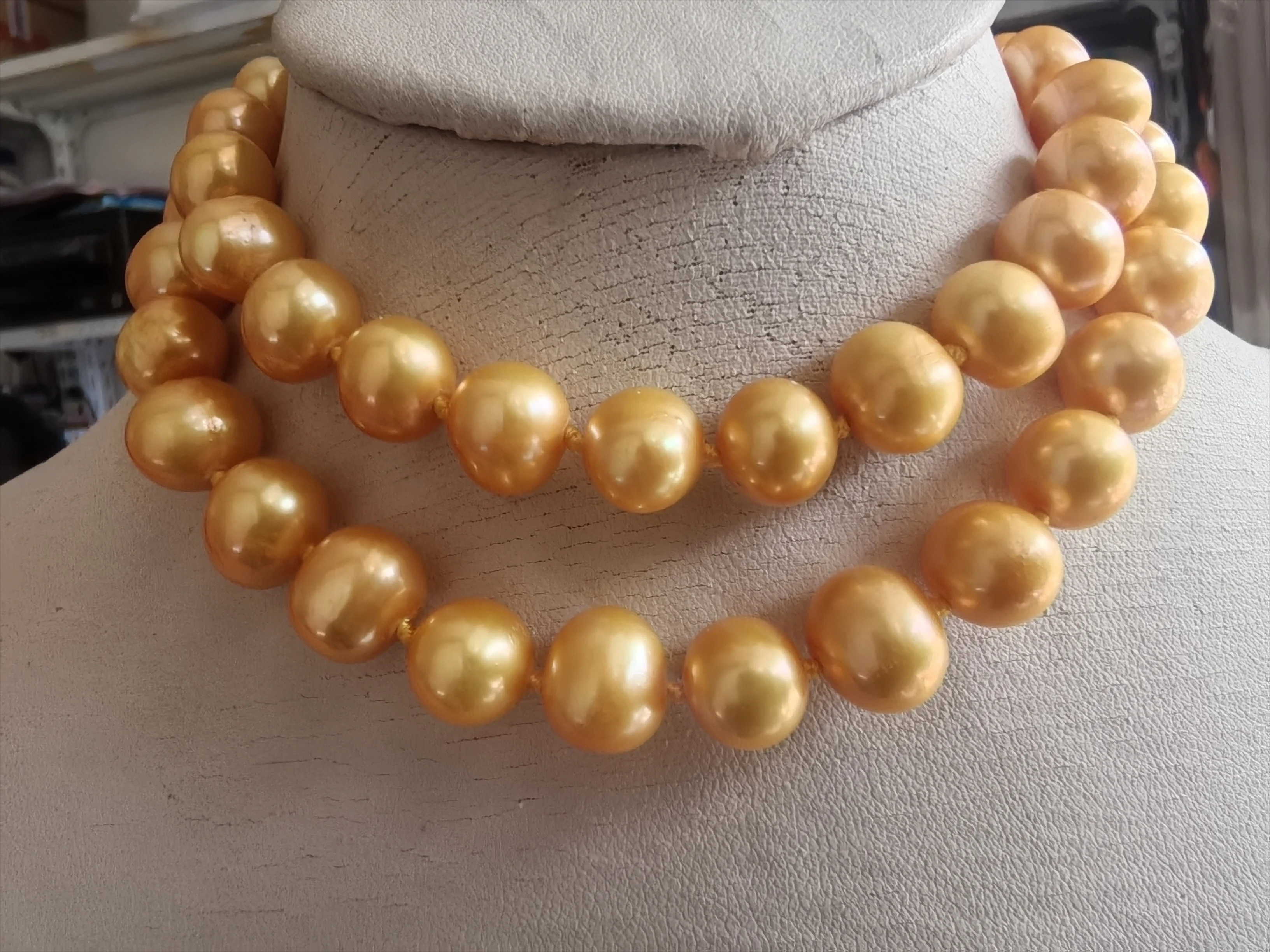 2rows long  AAA+9-10mm Natural seawater south sea round Pearl Necklace 14k  18inch