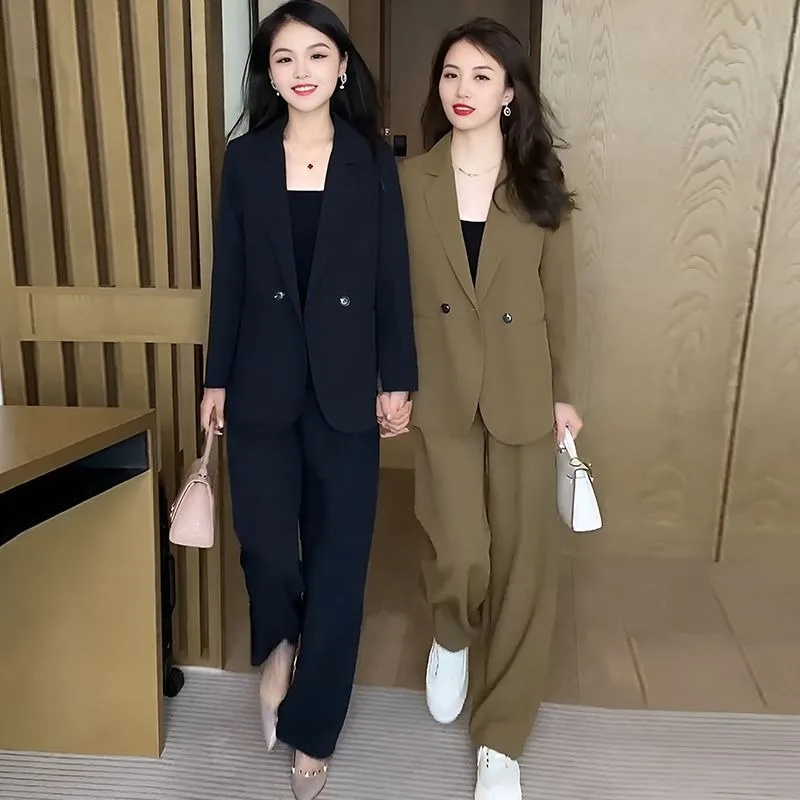 

Insozkdg Women Autumn Casual Blazers Coat Matching Set Korean Elegant Professional Suit Jacket + Wide Leg Pants Two Piece Suits