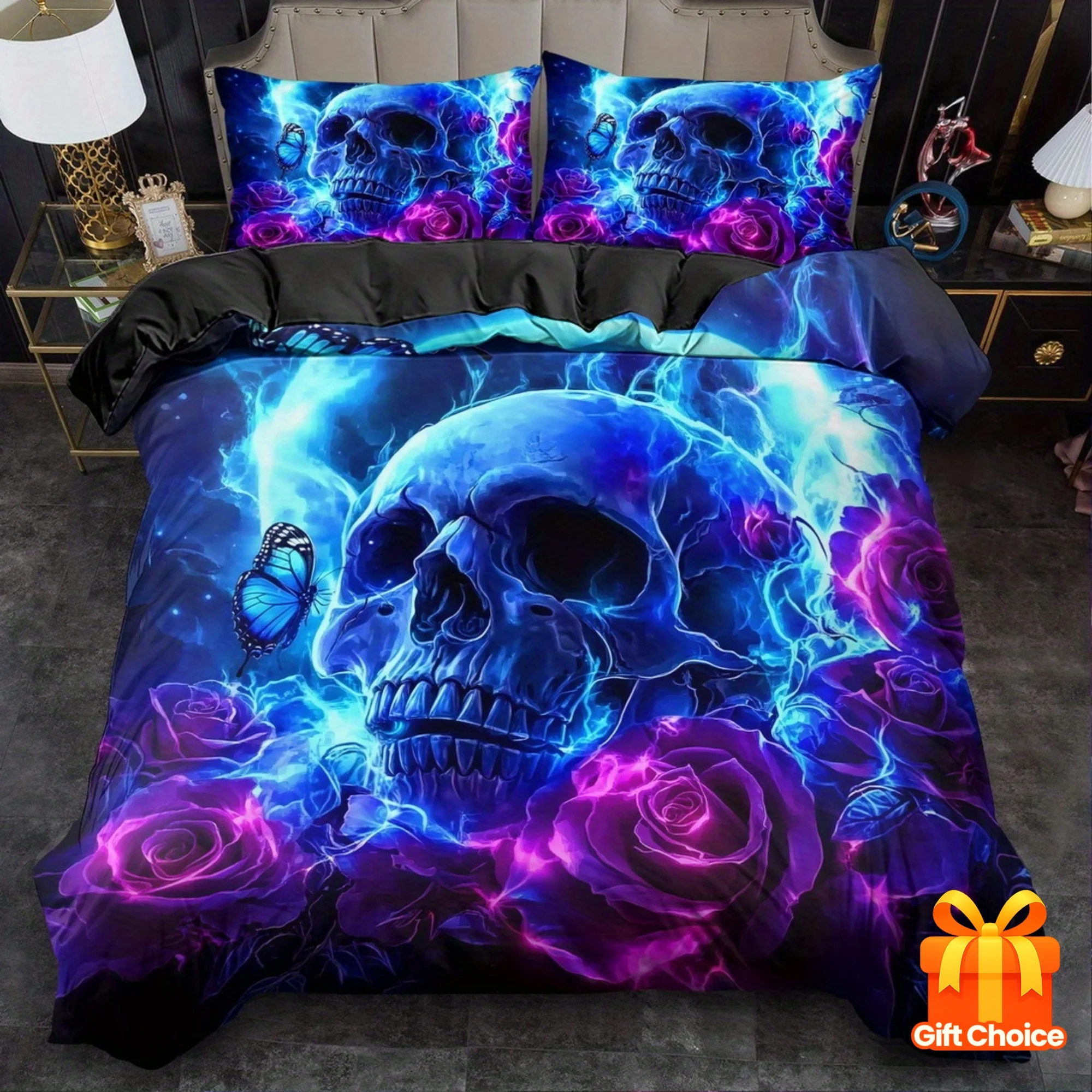 

Комплект из 3 предметов: пододеяльник с 3D-принтом «Фантазийный синий череп», без наполнителя, размеры King/Queen, для декора спальни