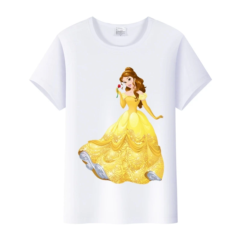 

Summer Cartoon Beautiful Woman with Beast Princess Flat Women's T-shirt Cute Summer Shirt Short Sleeve O-neck T-shirt Girl Top