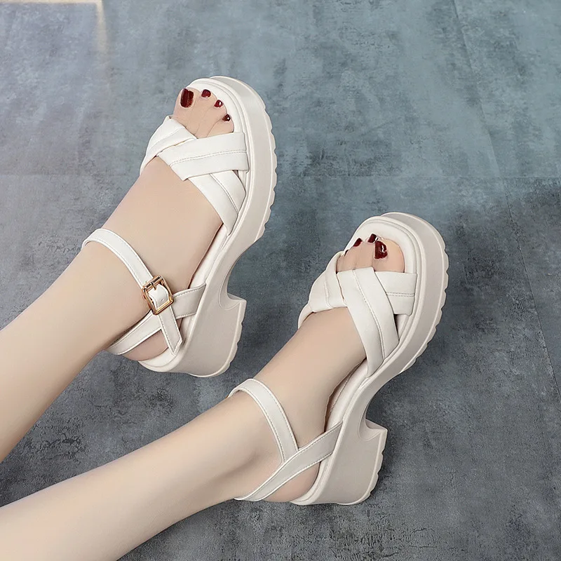 5 سنتيمتر كل مباراة مريحة سميكة القاع ميد كتلة الكعوب أحذية صنادل أرضية 2025 الصيف المرأة الصنادل الجلدية مكتب الفتيات #5