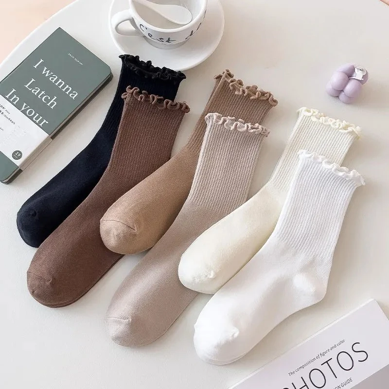 1/5 Paar Leuke Sokken Voor Vrouwen Nieuwe Herfst Winter Japanse Stijl Ademende Meisjes Korte Sokken Kawaii Effen Stroken Ruche Sokken