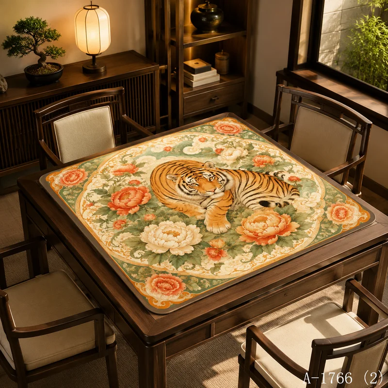 VIKAMA Peony Tiger Mahjong Table Mat Non Slip Square Game Pad Retro Chinese Oriental Game Table Decor Cover