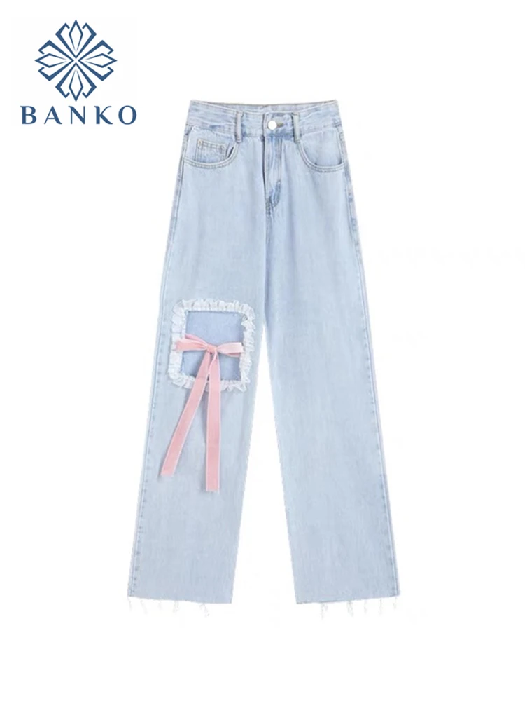 Blue Ripped Vintage Woman's Jeans Streetwear Harajuku High Waist Lace Up Pants Summer Fashion Straight Denim Trousers Ladies