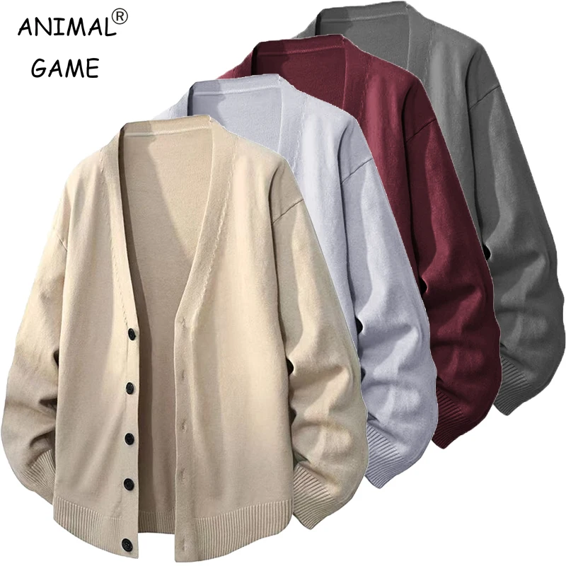 Animal Game Men's V Neck Cardigan Sweaters Casual Button Men's Cold Blouse Knitwear Outdoor Knit Long Cardigan Men Streetwear