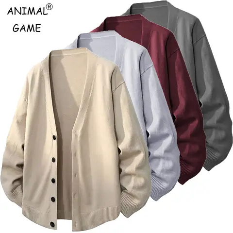 Animal Game Men's V Neck Cardigan Sweaters Casual Button Men's Cold Blouse Knitwear Outdoor Knit Long Cardigan Men Streetwear