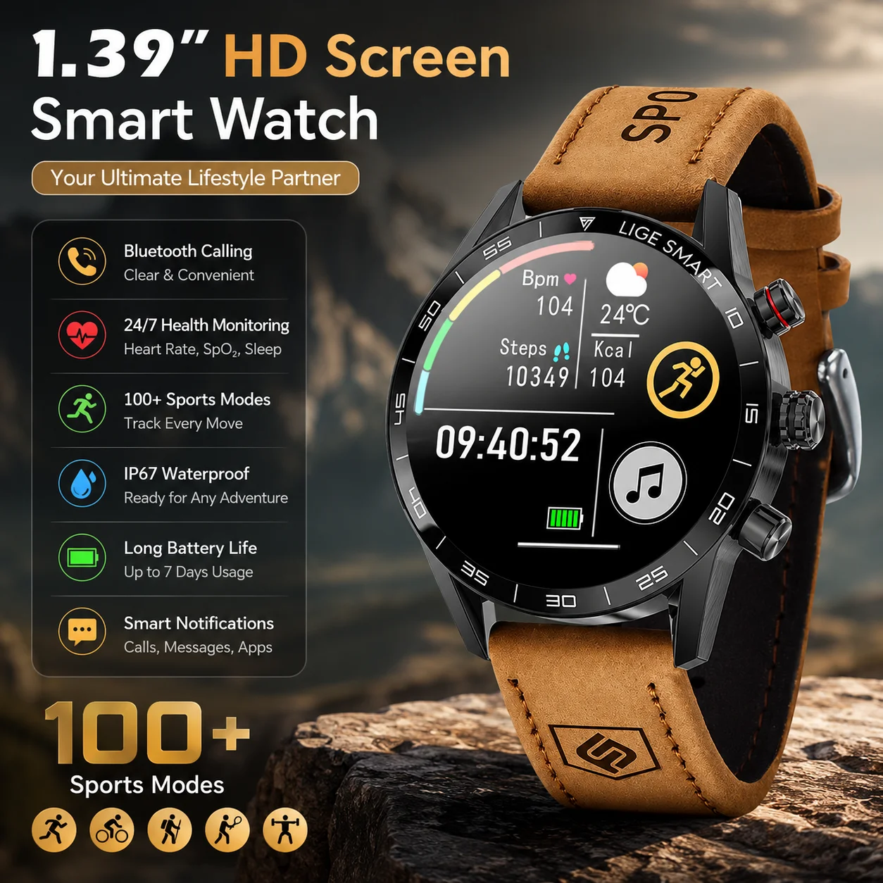LIGE Neue Sport-Smartwatch für Herren, 1,39 Zoll HD-Bildschirm, Herzfrequenz- und Blutsauerstoffmessung, Bluetooth-Anruf, IP67 wasserdicht, Outdoor-Smartwatch