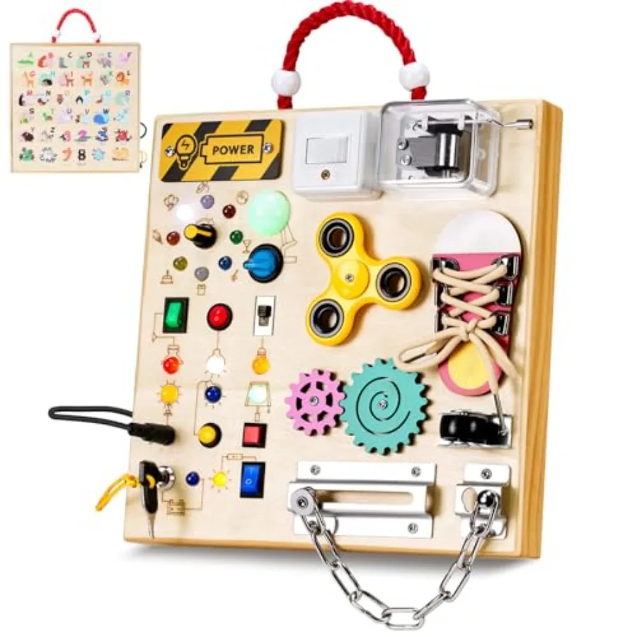 

Montessori Wooden Busy Board Toys for 1 2 3 Boys GirlsToddler Sensory Educational Fidget Board Travel Toy with LED Light Up Swi