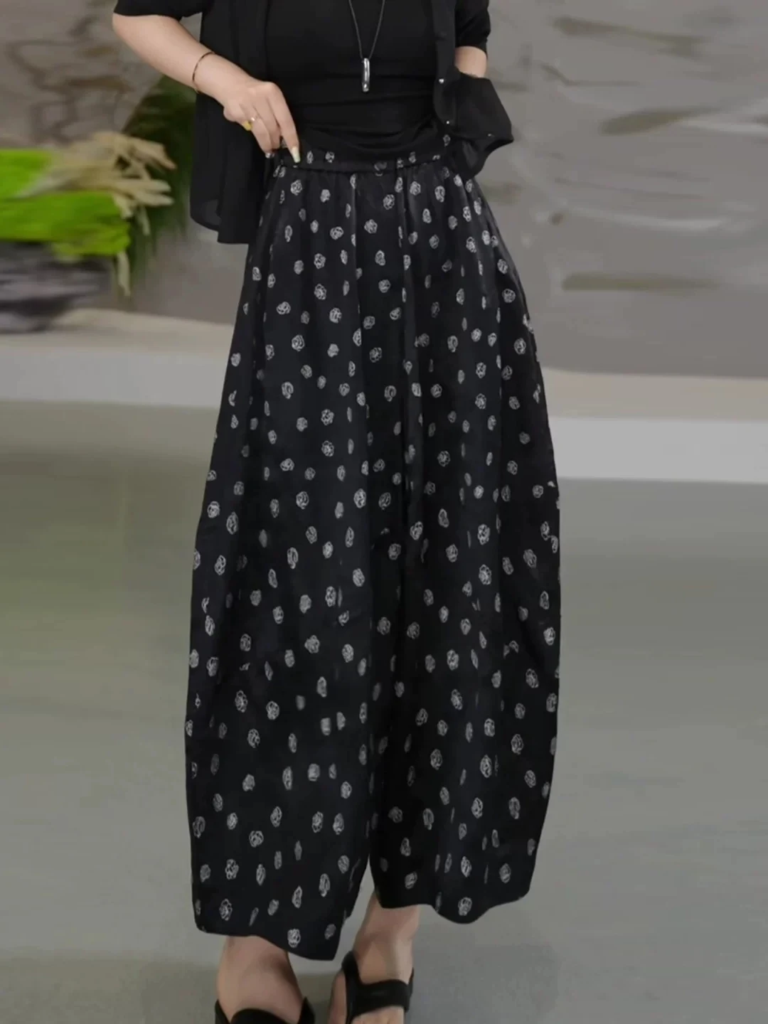 

Black Polka Dot Wide Leg Pants Women Summer Thin New Large Size Loose Slimming Casual High Waist Elastic Waistband Pants