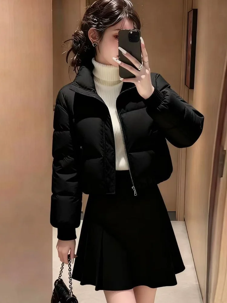 2026 New Short White Cotton Jacket Women's Stand Collar Zipper Slimming Warm Outerwear Small Size down Cotton Coat Lightweight