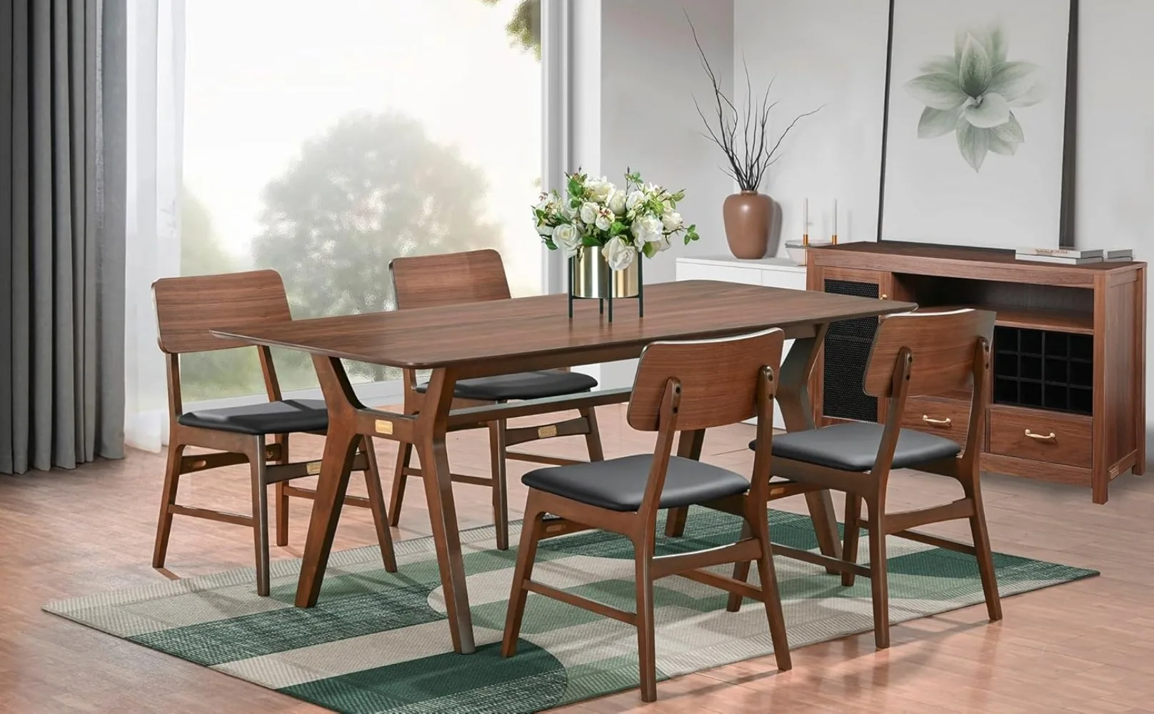 Dining Table Set for 4-8, Includes 1 Table 4 Chairs & 1 Sideboard, Walnut Veneer Top, Solid Wood Frame, Natural Wood Grain