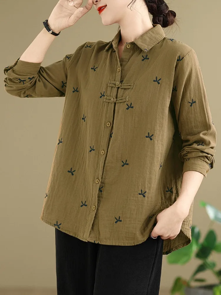 

Retro Button Design Long Sve Cotton Tead Women's irt Spring Embroidered Floral High-End Personali Anti-Aging Mommy O...