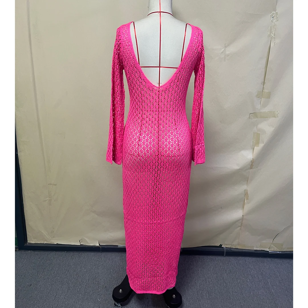8 Farben, V-Ausschnitt, langärmeliges, gehäkeltes, gestricktes Tunika-Strandkleid, Strandmode, Strandbekleidung, Strand-Cover-up, Damen, V5046 – Detail 32