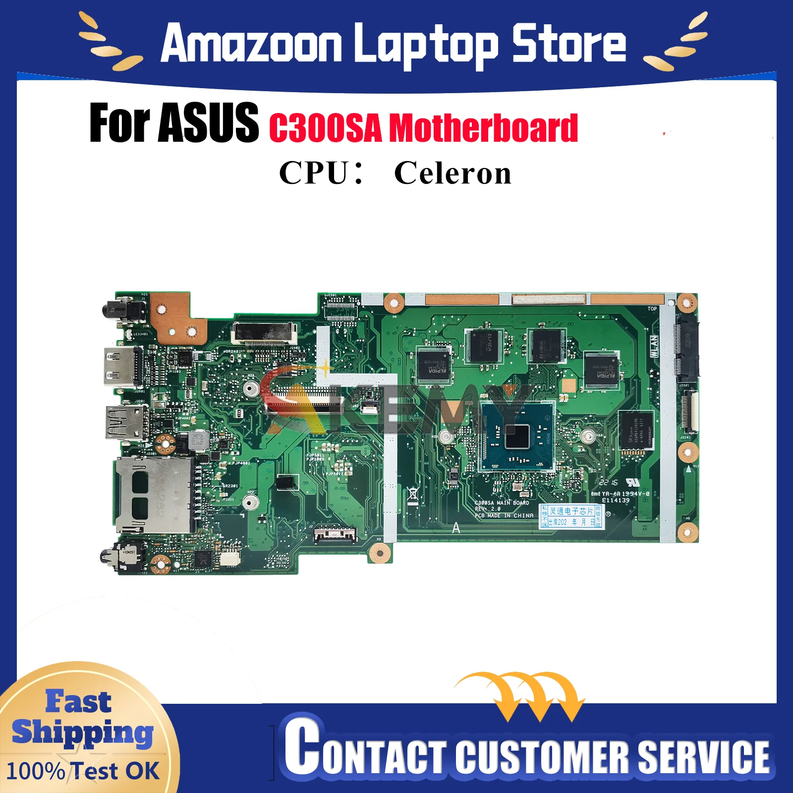 

C300SA Laptop Motherboard For ASUS Chromebook C300S C300SA Notebook Mainboard With Celeron CPU 100% tests OK fast shipping stk