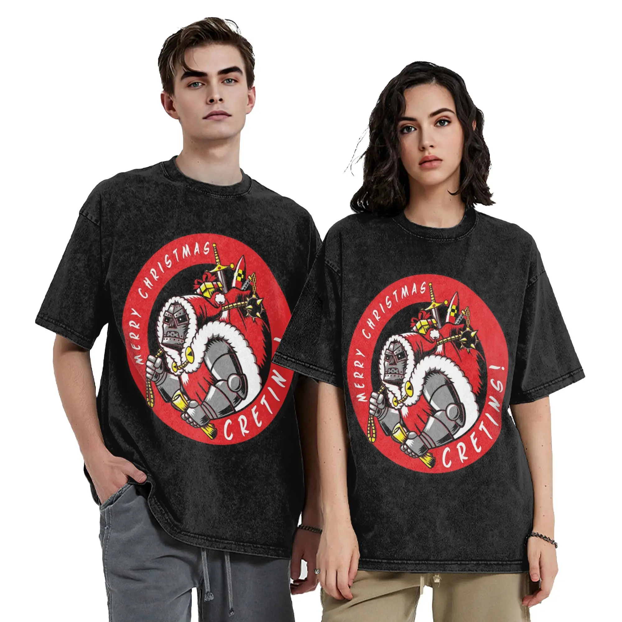 Dr Dooms Comics Merry Christmas Washed T Shirt Streetwear Vintage T-Shirts  Tee Shirt Men Women Cotton High Street Summer