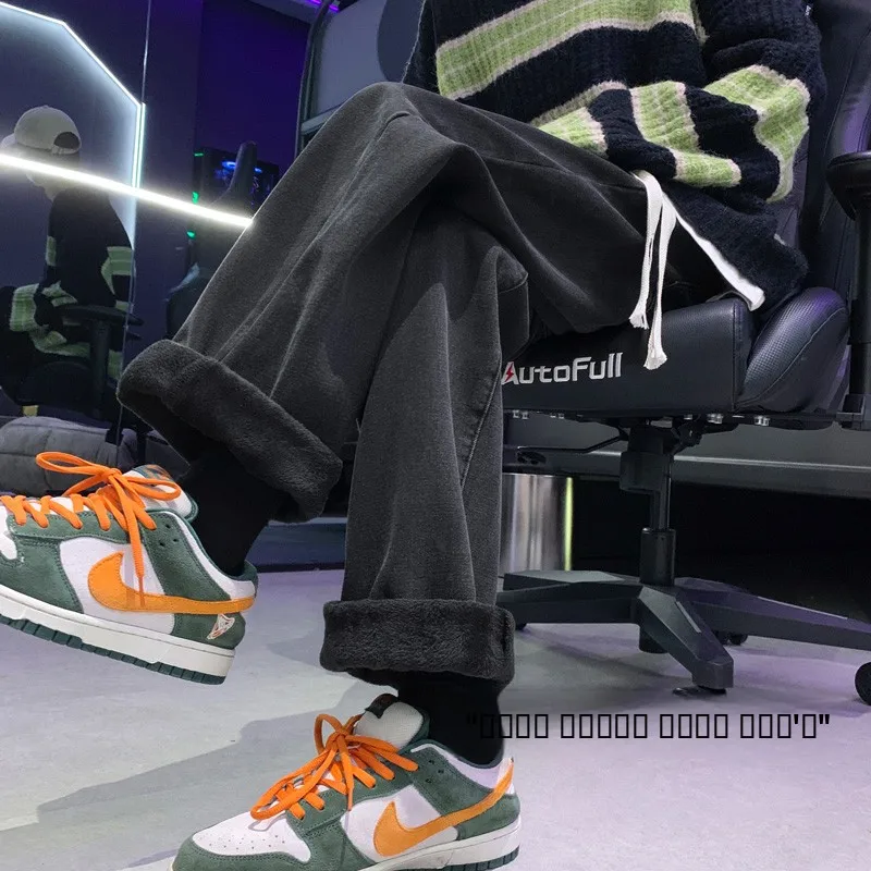 

Lamb Velvet Fleece Lined Wide Leg Straight Cut Thickened Denim Jeans for Men Autumn Winter Vintage American Trendy Brand Loos...