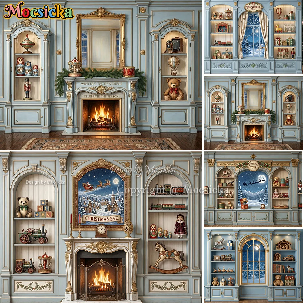 Mocsicka Christmas Fireplace Toy Shop Backdrop Photography Rocking Horse Winter Interior Scene Background Xmas Kid Photo Studio