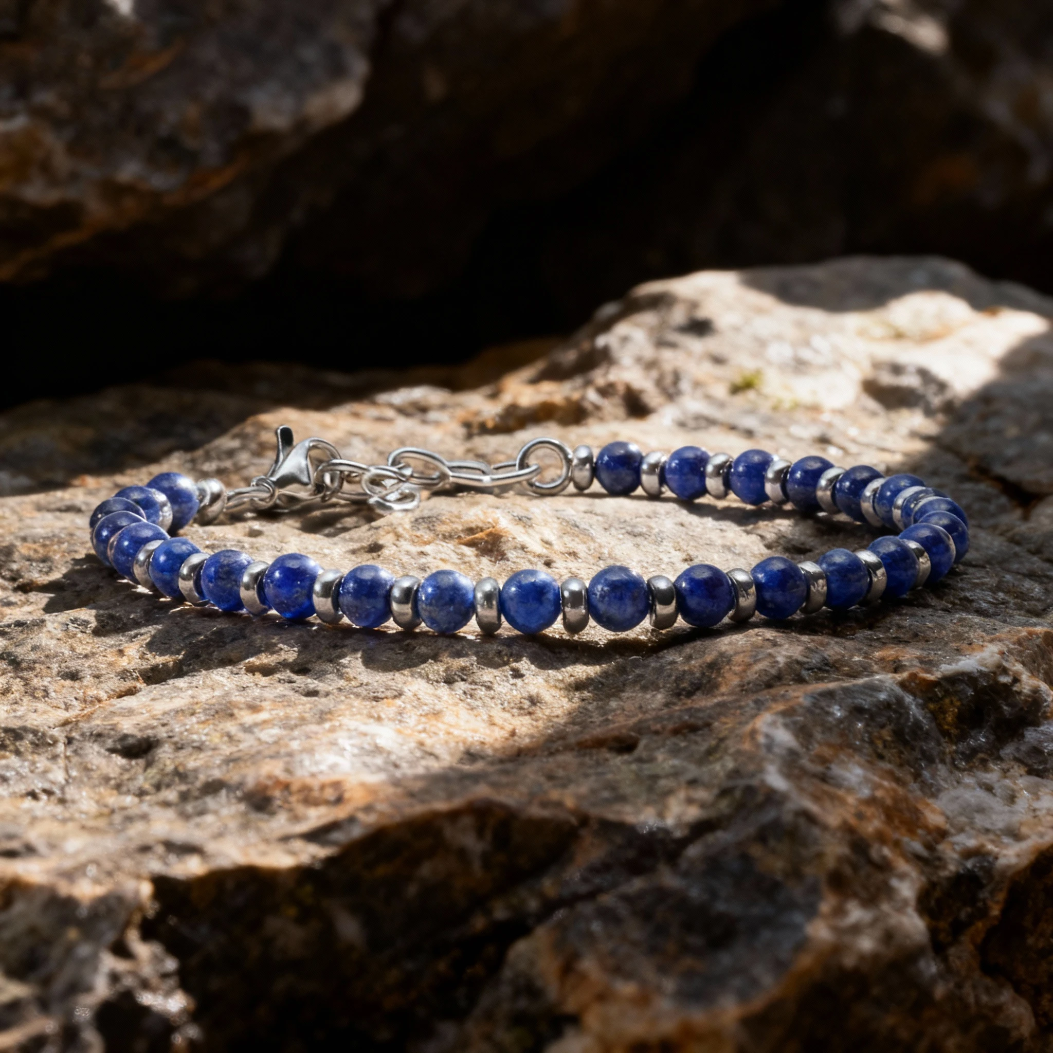Męska bransoletka z naturalnych kamieni Runda Blue z regulowanym zapięciem ze stali nierdzewnej, modna, ręcznie robiona, 22 cm, dodatek. — zdjęcie 4
