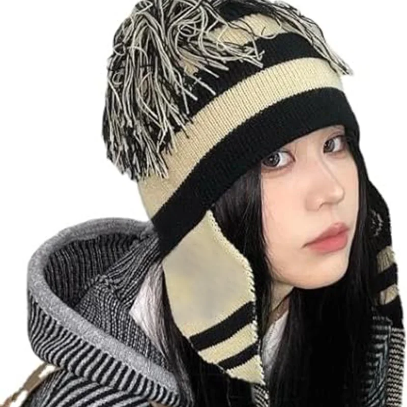 Anime Winter Long Tied Rope Beanies Cap Oosaki Shinichi Nana Outdoor Warm Winter Hat For Women Streetwear Party Funny Bonnet