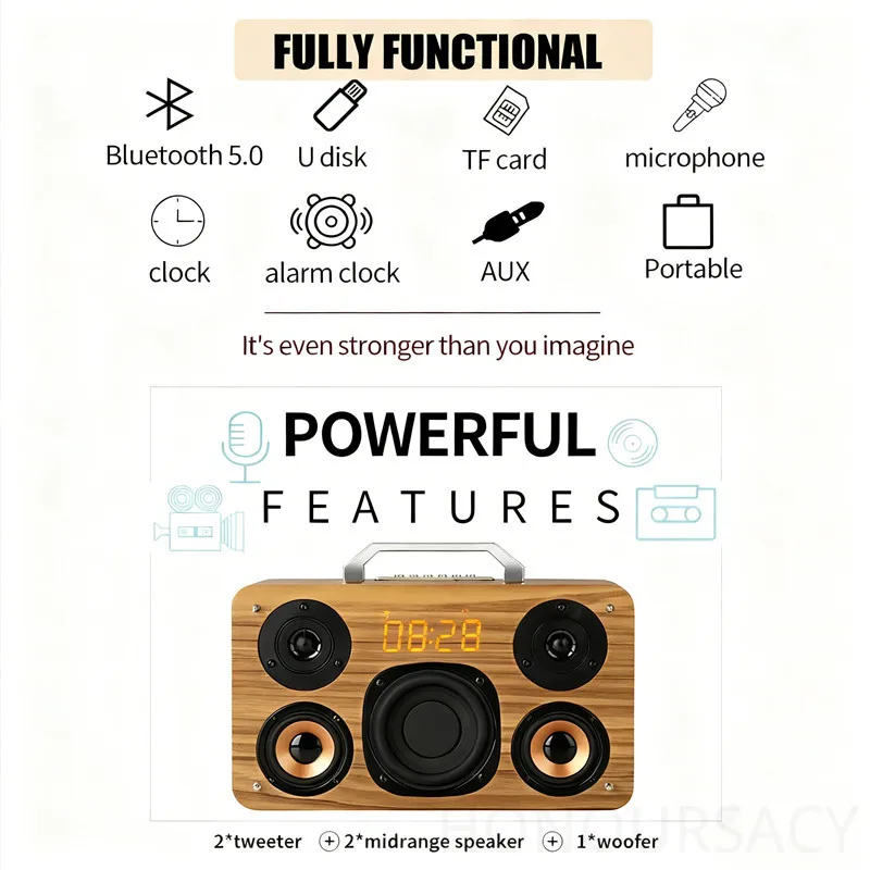 

Retro Wooden Wireless Bluetooth Speaker 5400Mah Battery Outdoor Portable Karaoke Heavy Subwoofer HIFI Stereo Home Theater System