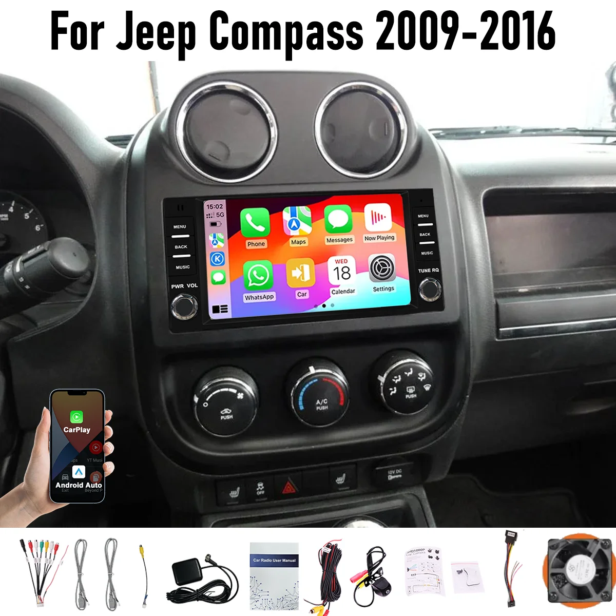 

7“ CarPlay Android auto For Jeep Compass 2009-2016 6-128GB (8CORE) Screen Android15 Head Unit GPS Navigation Radio WIFI