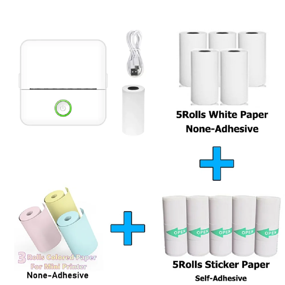 Mini Pocket Printer Mini Sticker Printer Portable for Printer with 13 Roll Papers for Notes, Photos, Stickers, Labels, Receipts