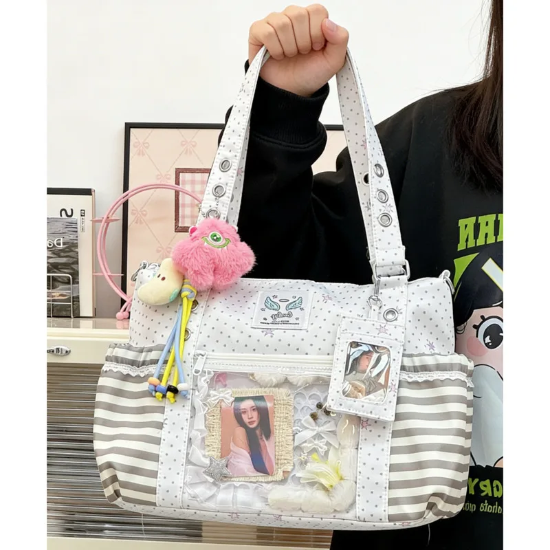 

Полосатая сумка через плечо в стиле Y2K с белыми точками, прозрачная, в японском стиле JK, для девочек, итабэг, вместительная, в студенческом стиле, женская сумка кросс-боди