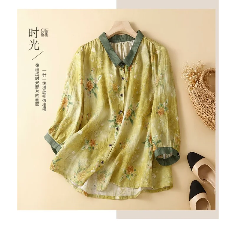 Women's Ramie Floral Shirt Single Breasted Thin Color Block Lapel Long Sleeve Top