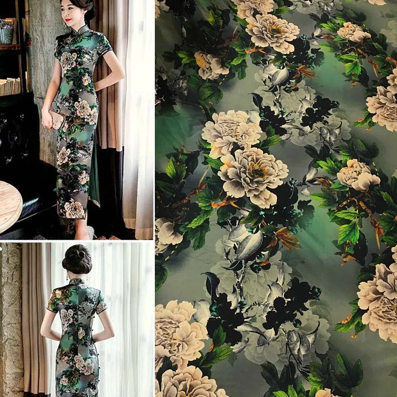 High Quality Branch Peony Print Heavy Improvement Fragrant Cloud Yarn Stretch Satin Silk Fabric Mulberry Silk Cheongsam Fabric